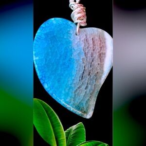 Heart Pendant Agate Gemstone Dyed Blue  Necklace Wire Wrapped Large Stone 5518 G